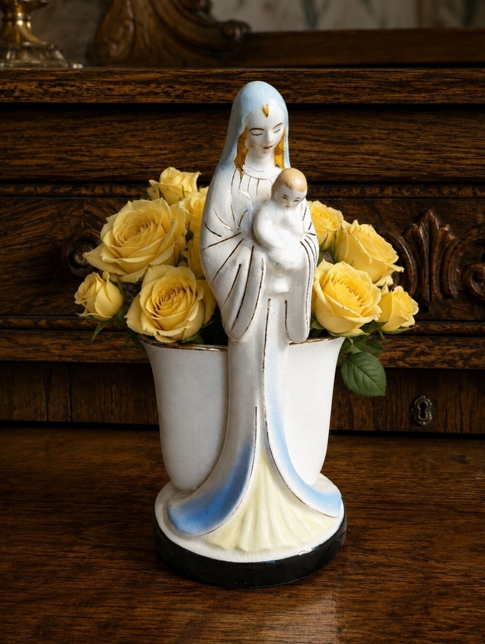 Vintage Virgin Mary Baby Jesus Religious Ceramic Planter Rose Vase Crazing Wear